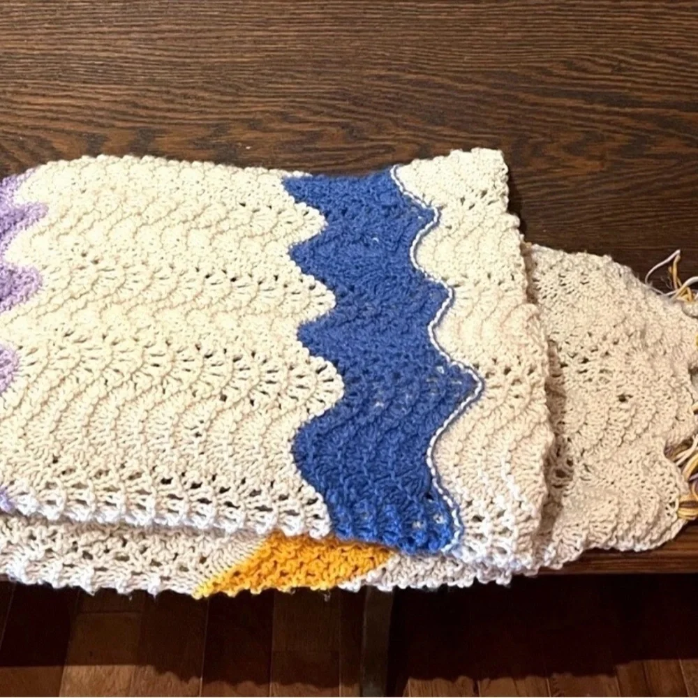 Hand Crocheted Knit Twin Size Afghan Throw Blanket Cream, Yellow, Purple & Blue